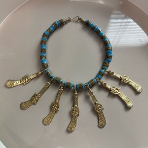 Tribal African Krobo Gold and Blue Beaded Necklace